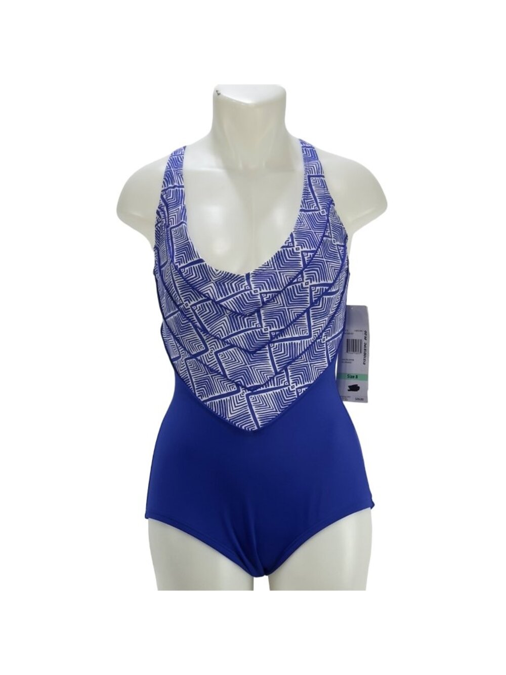 GABOR Women's Swimsuit 1 Piece Blue White Geometric Hydrofinity Fabric Size 8